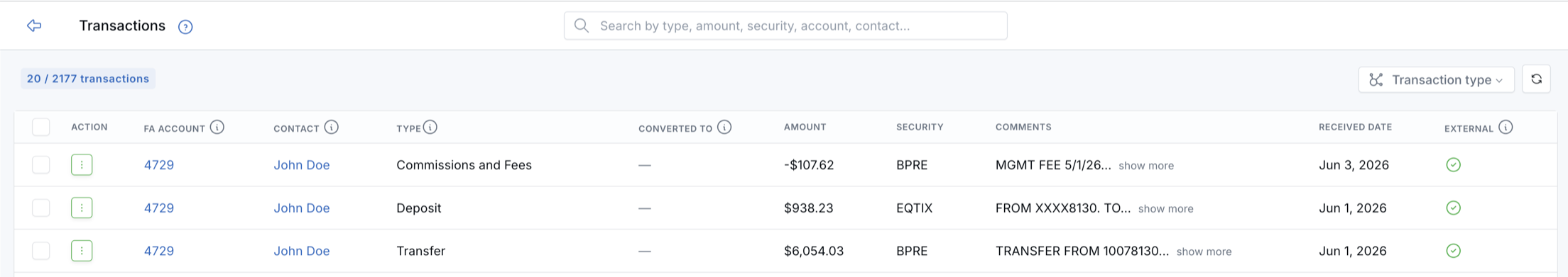 Transactions page showing transactions across financial accounts with account, contact, type, amount, comments, and received date columns