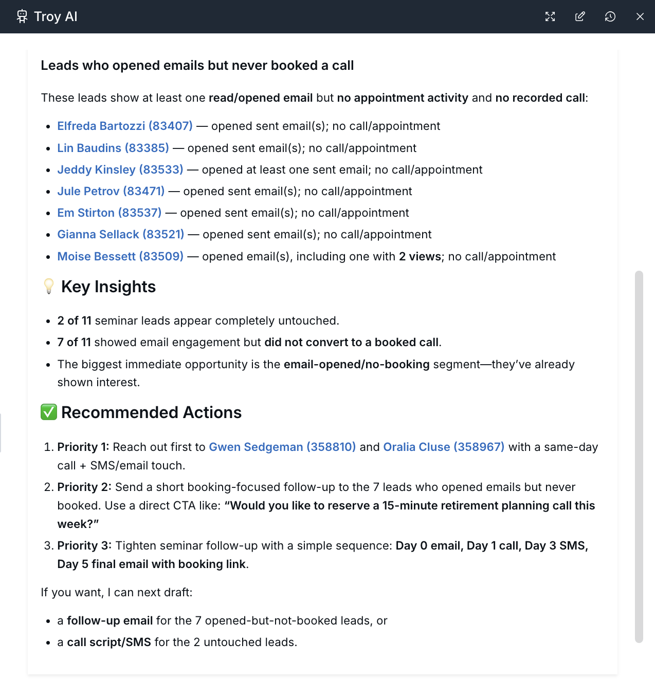 Troy AI recommended actions for seminar leads