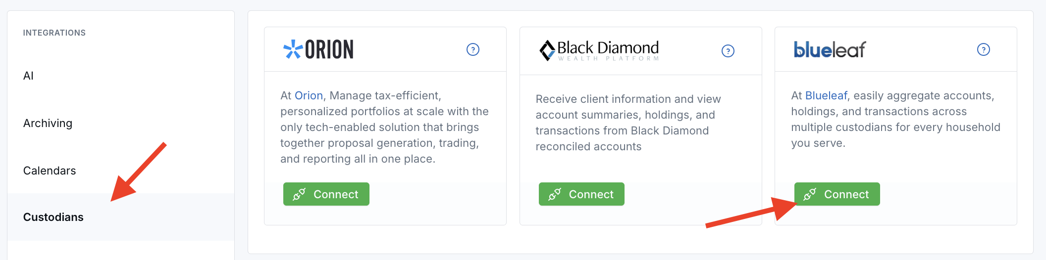 Blueleaf card on the Custodians integrations page