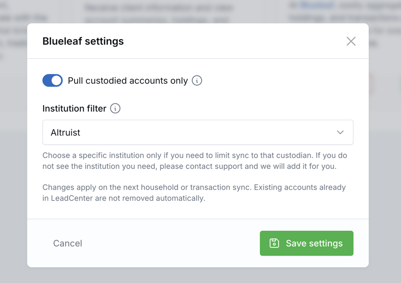 Blueleaf settings window with custodied account and institution filter options