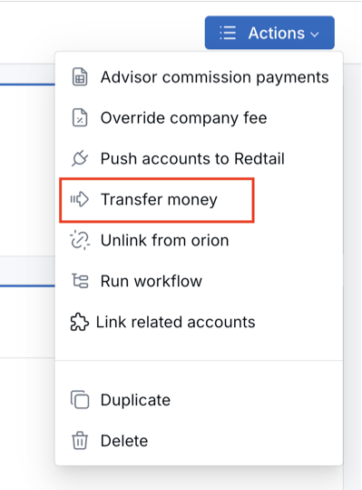 Transfer money option in the Actions menu for a financial account.