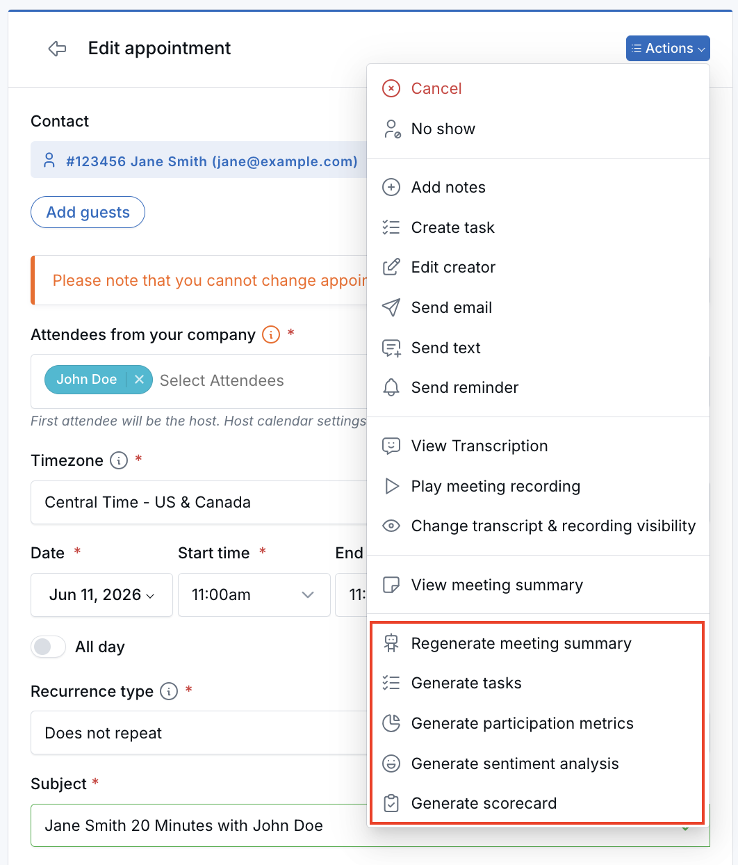 Appointment Actions menu showing Claudia meeting options
