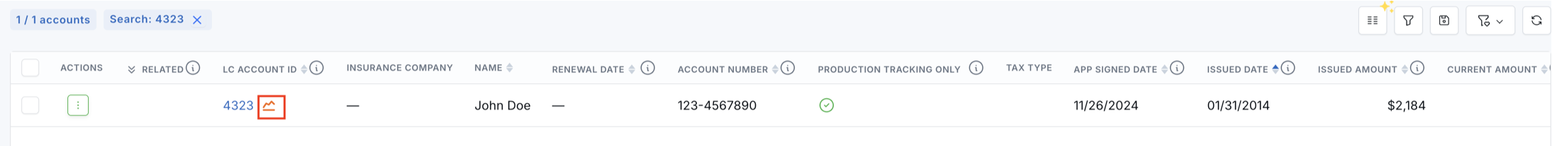 All Accounts list showing the Production tracking only icon and column
