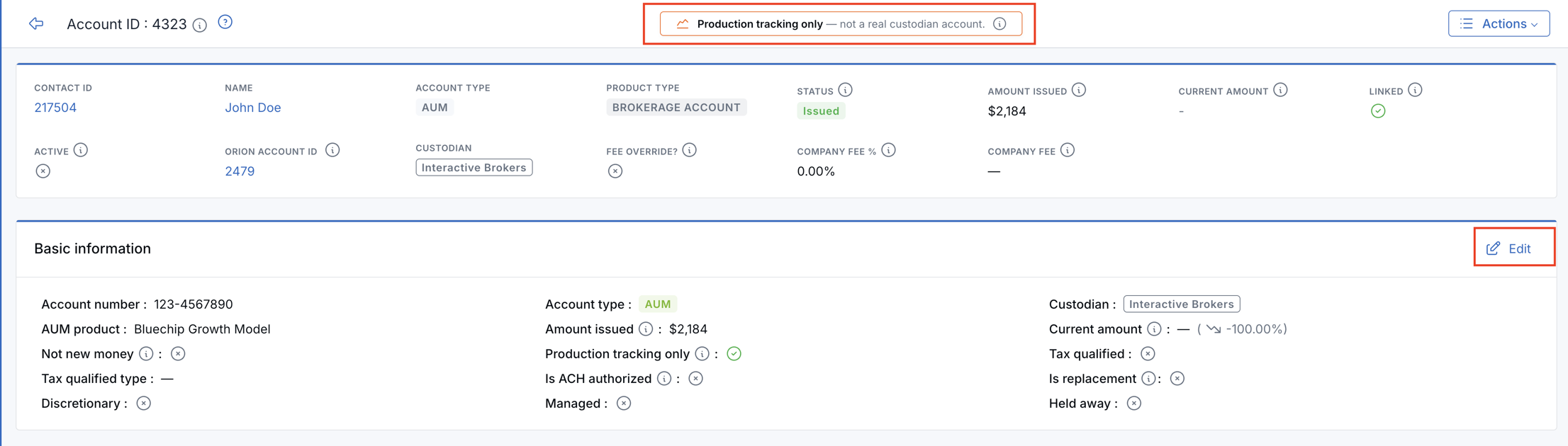 AUM account details page with a Production tracking only banner