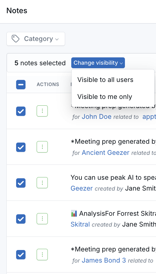 Notes table with five notes selected and the Change visibility menu open