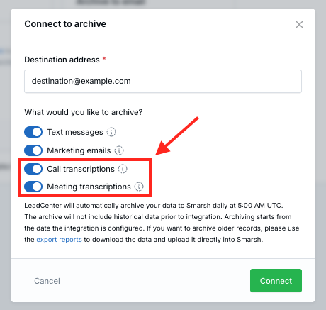 Archive connection form with Call transcriptions and Meeting transcriptions selected