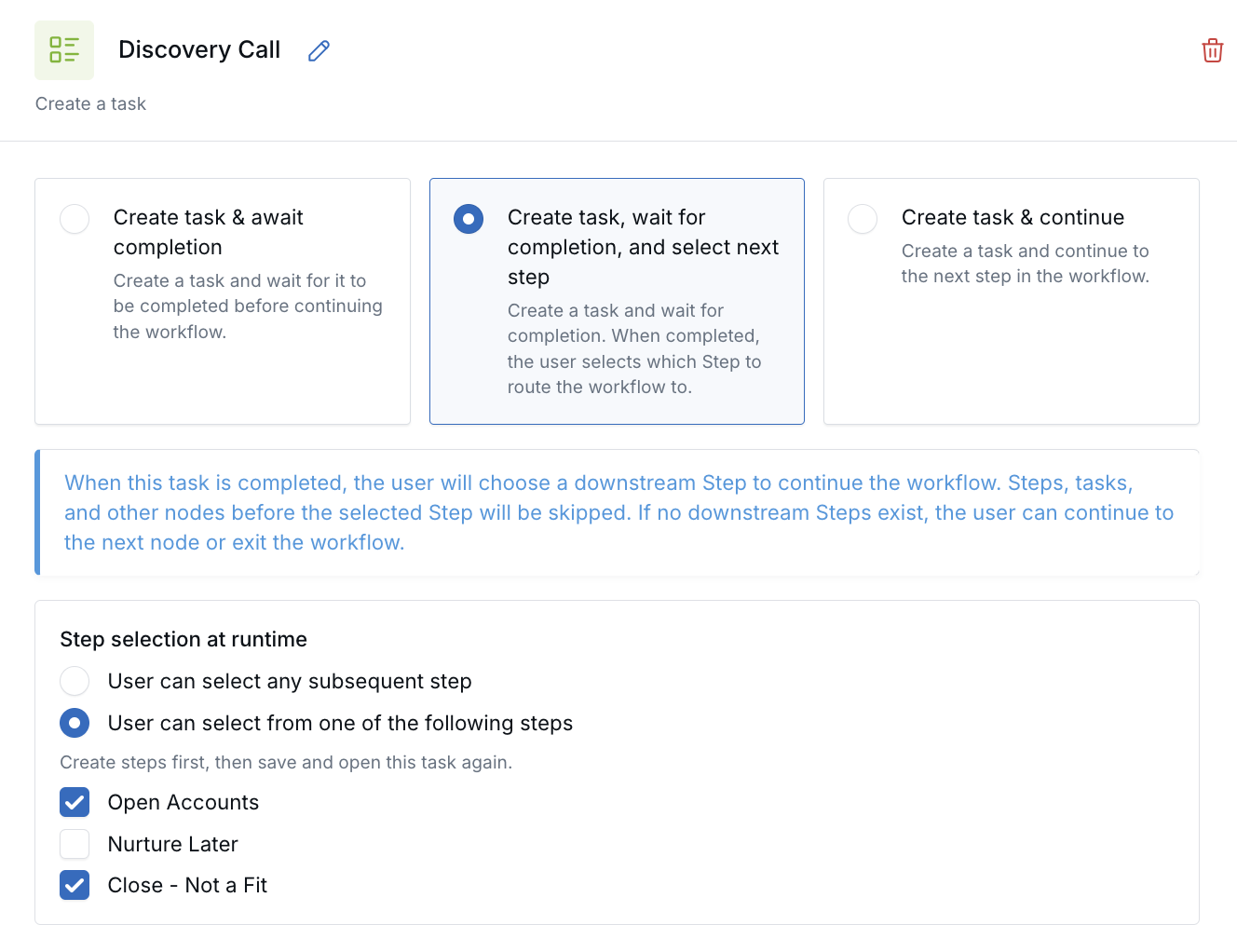 Create Task settings showing the select next step routing option
