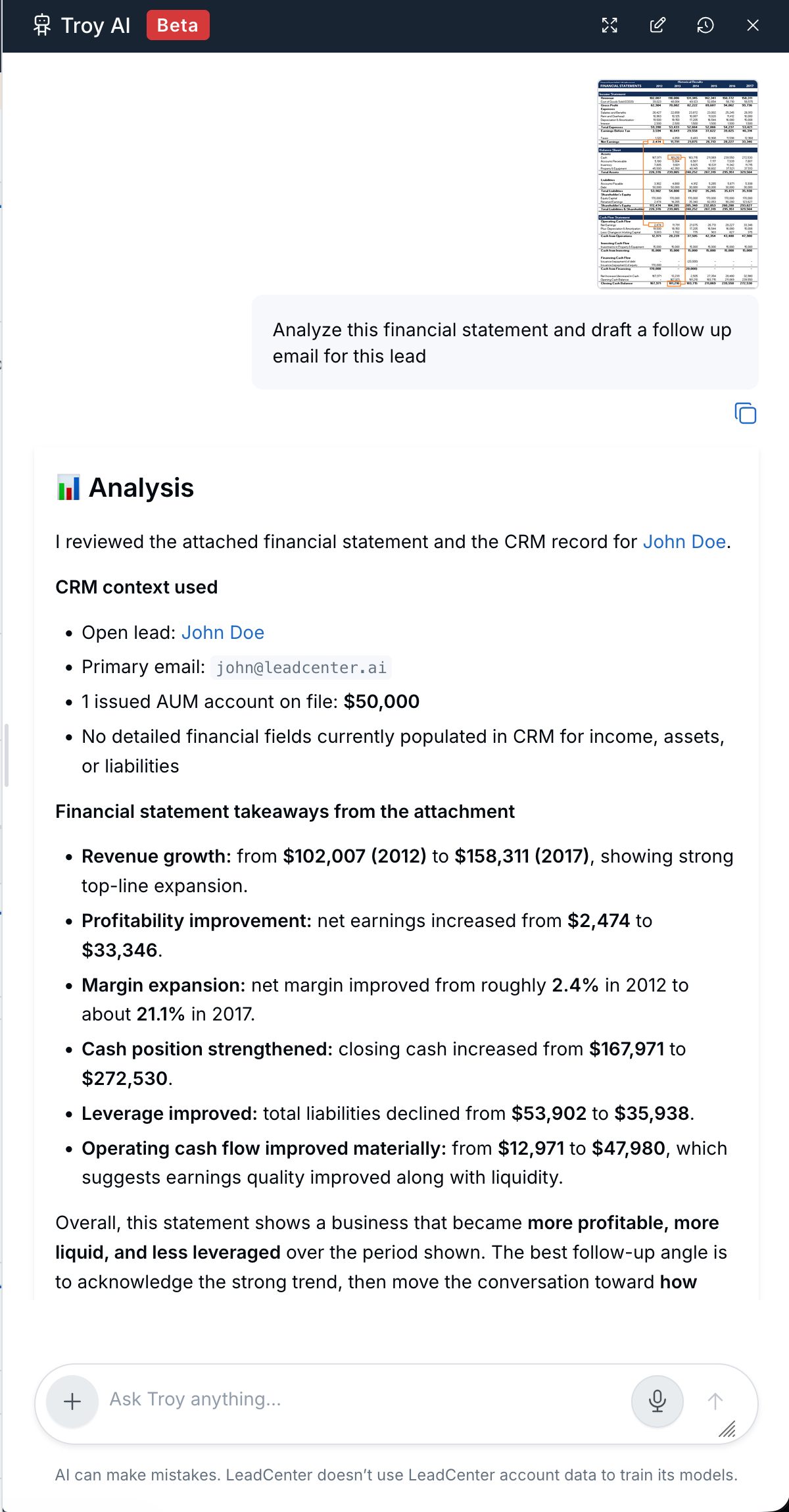 Troy AI chat showing an attached financial statement and generated analysis