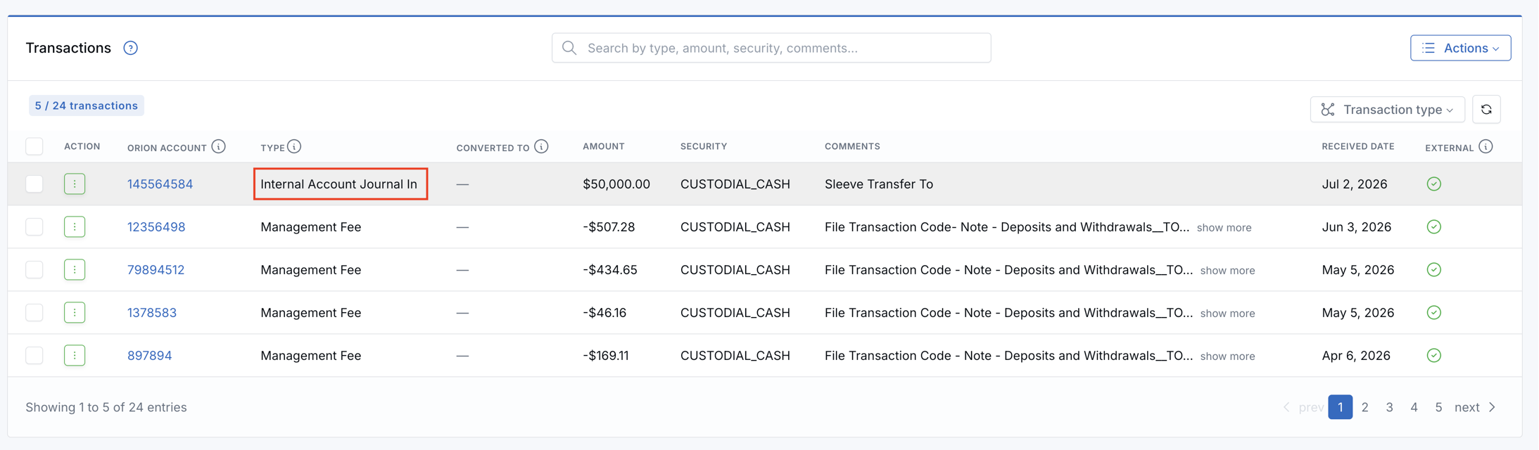 Transactions card showing an Internal Account Journal In transaction synced from Orion.