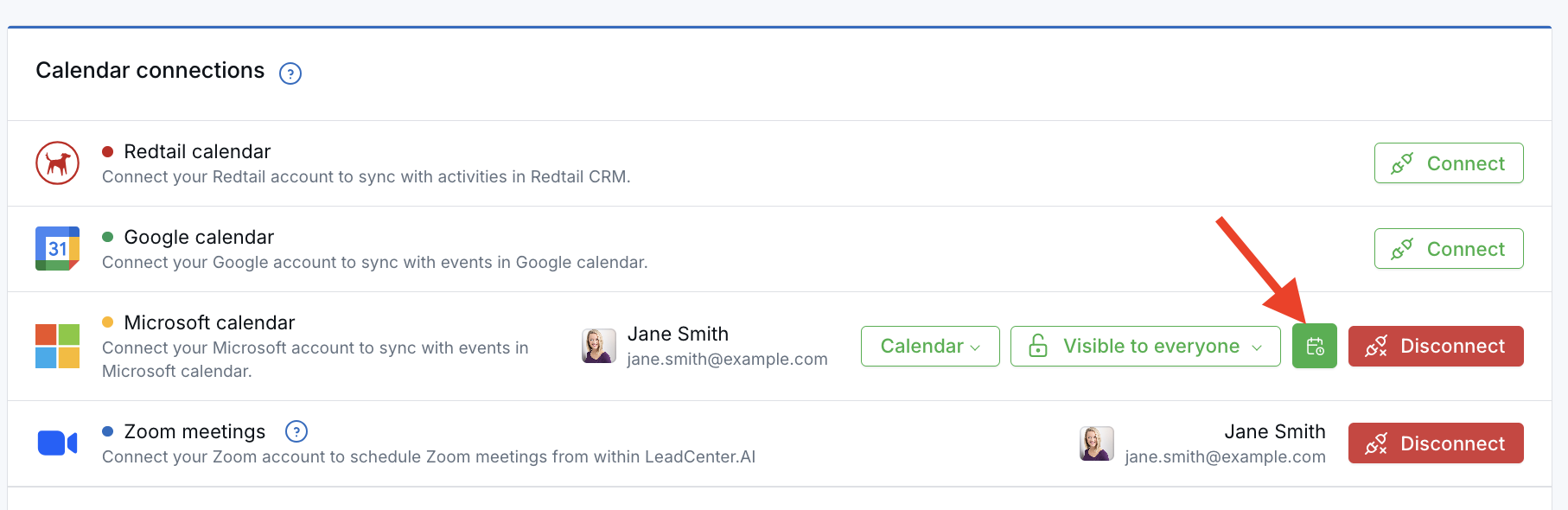 Calendar connections page showing the calendar icon on a connected Microsoft calendar row.