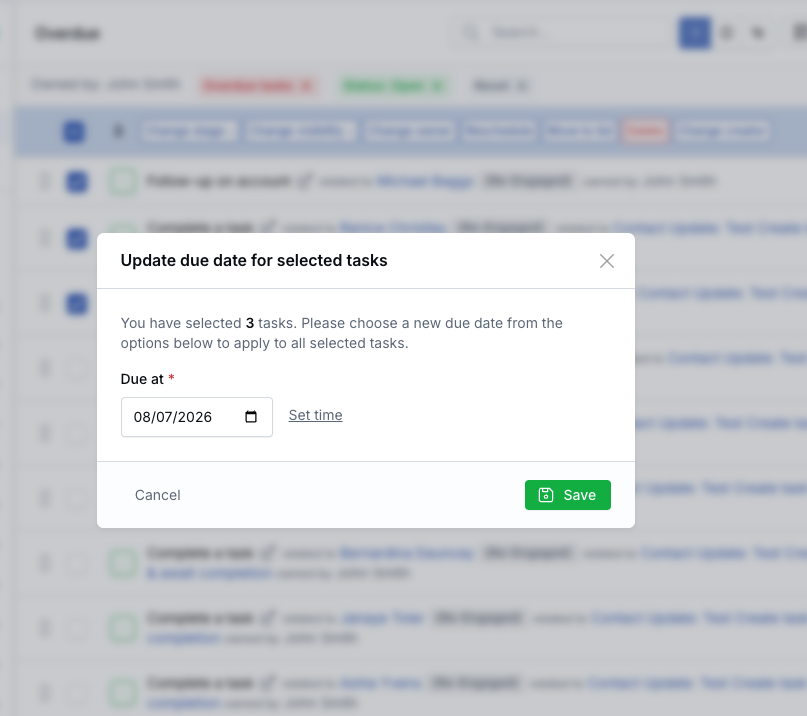 Bulk task reschedule window with due date and Set time option