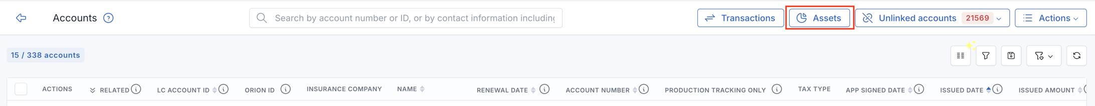 Financial Accounts page with the Assets button highlighted in the top bar.