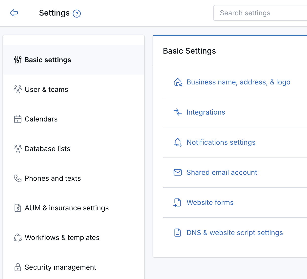 Basic settings page showing Business name, address, and logo, Integrations, Notifications settings, Shared email account, Website forms, and DNS and website script settings.