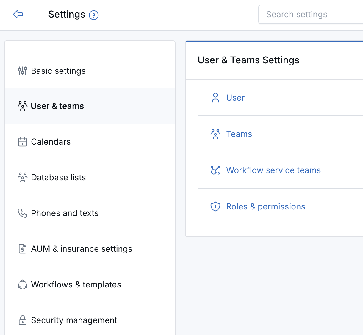 User and teams settings page showing User, Teams, Workflow service teams, and Roles and permissions.