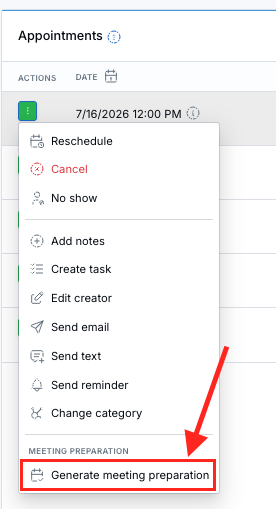 Appointment actions menu showing Generate meeting preparation under Meeting Preparation.