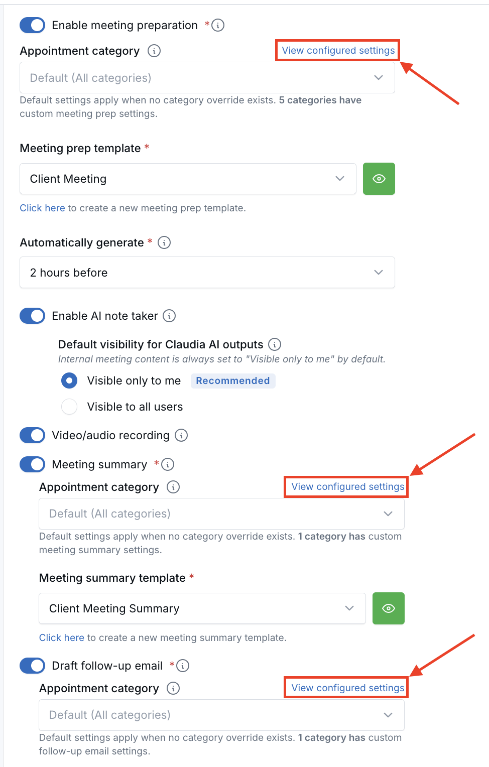 Claudia AI calendar settings showing View configured settings links for category-specific settings.