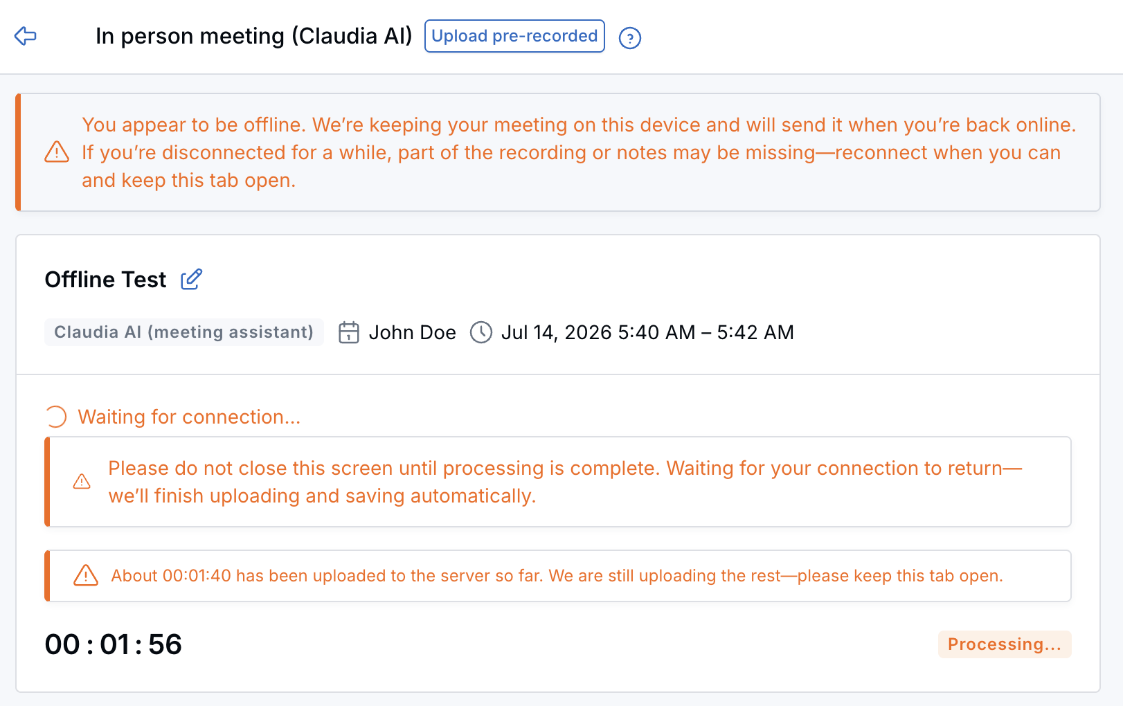Claudia AI recording page showing a warning that audio capture may be interrupted.