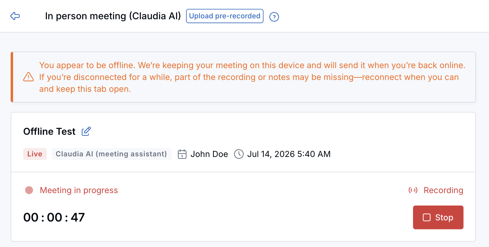 Claudia AI recording page showing a warning that the tab is in the background.