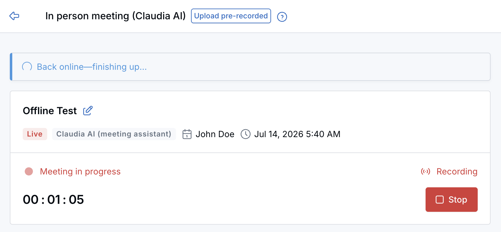 Claudia AI recording page showing a warning that audio capture has paused.