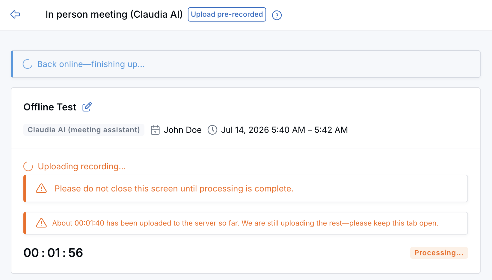 Claudia AI recording page showing that the recording was ended on the server.