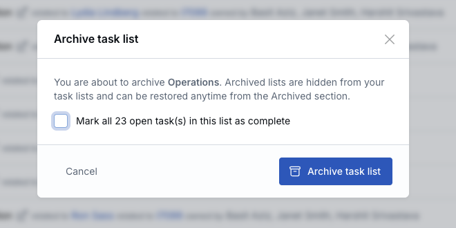 Archive task list confirmation popup