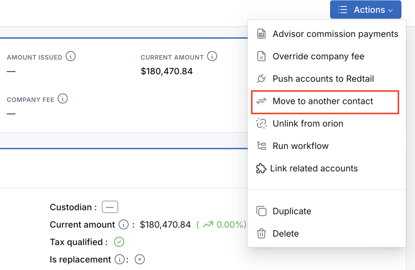 Financial account Actions menu showing the Move to another contact option.
