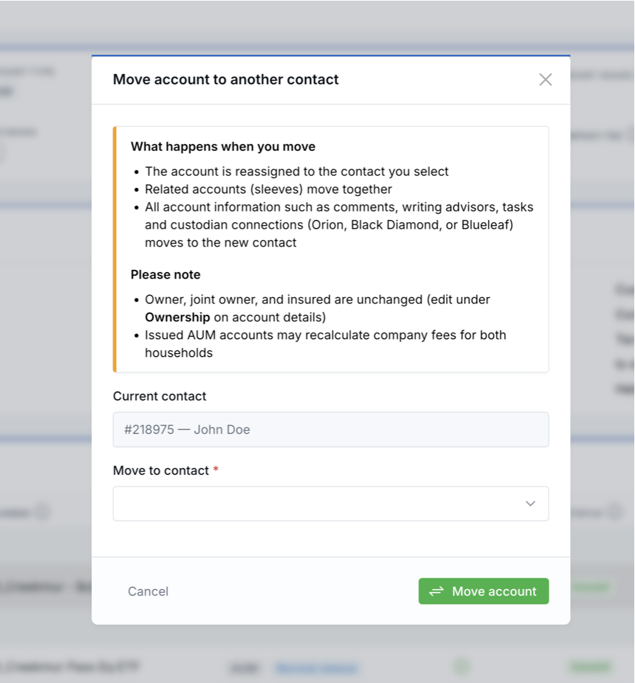 Move account to another contact window showing move details, current contact, destination contact field, and Move account button.