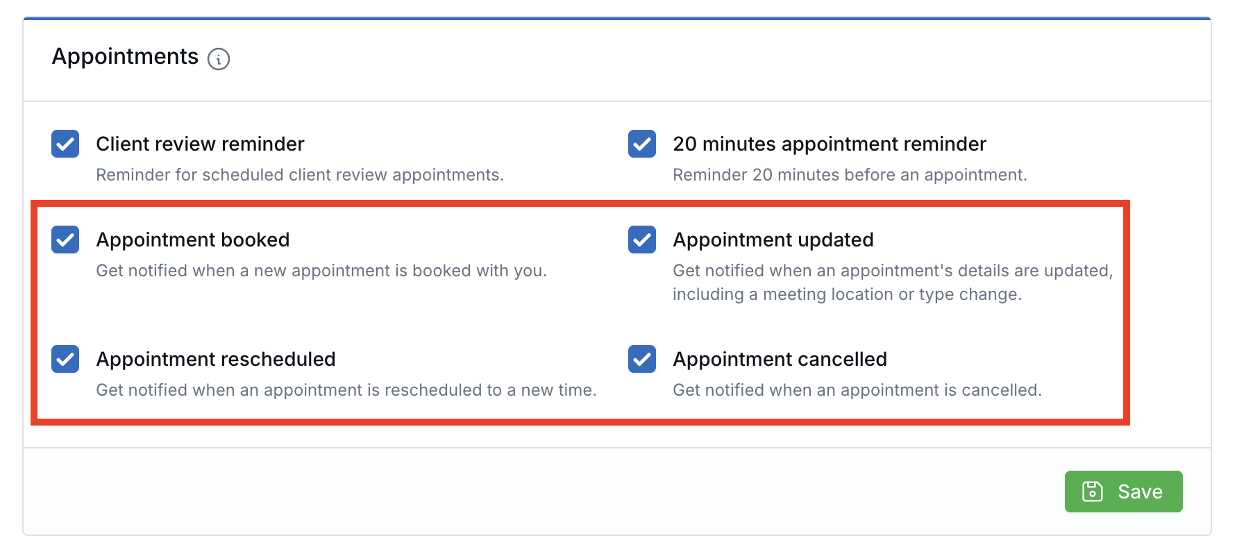 Appointment notification preferences showing appointment booked, updated, rescheduled, and cancelled email options
