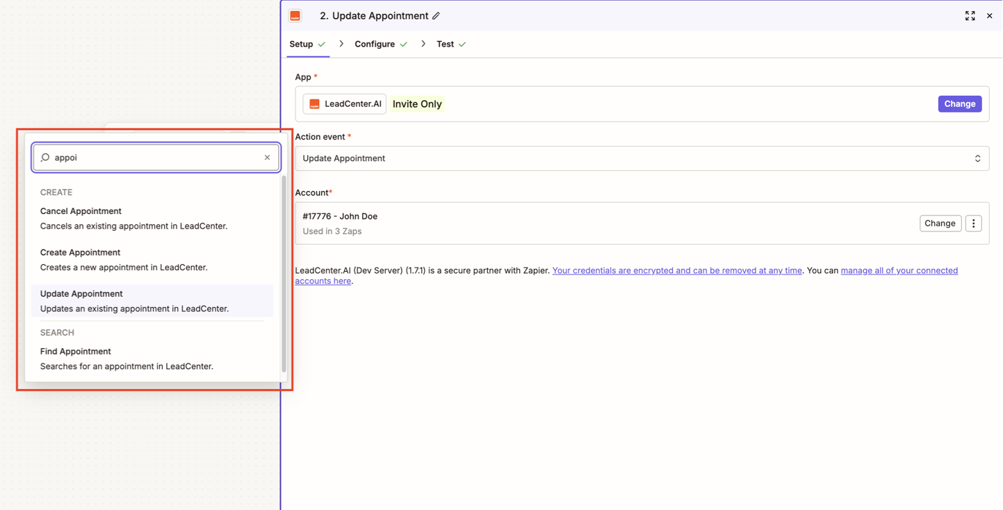 LeadCenter appointment actions shown in Zapier