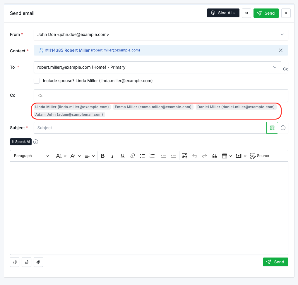 Cc recipient suggestions showing household members and related contacts in a LeadCenter email