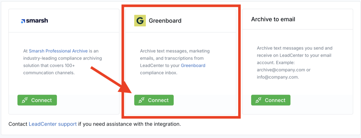 Greenboard archive integration card with a Connect button in LeadCenter.