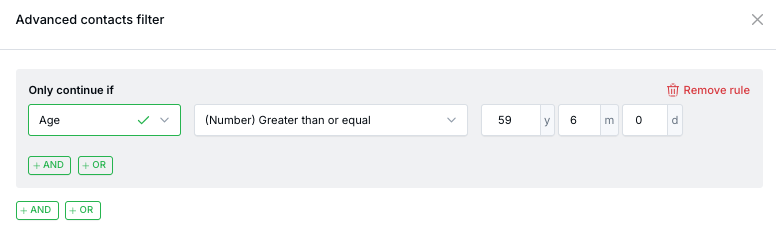 Age filter showing values for 59 years, 6 months, and 0 days.