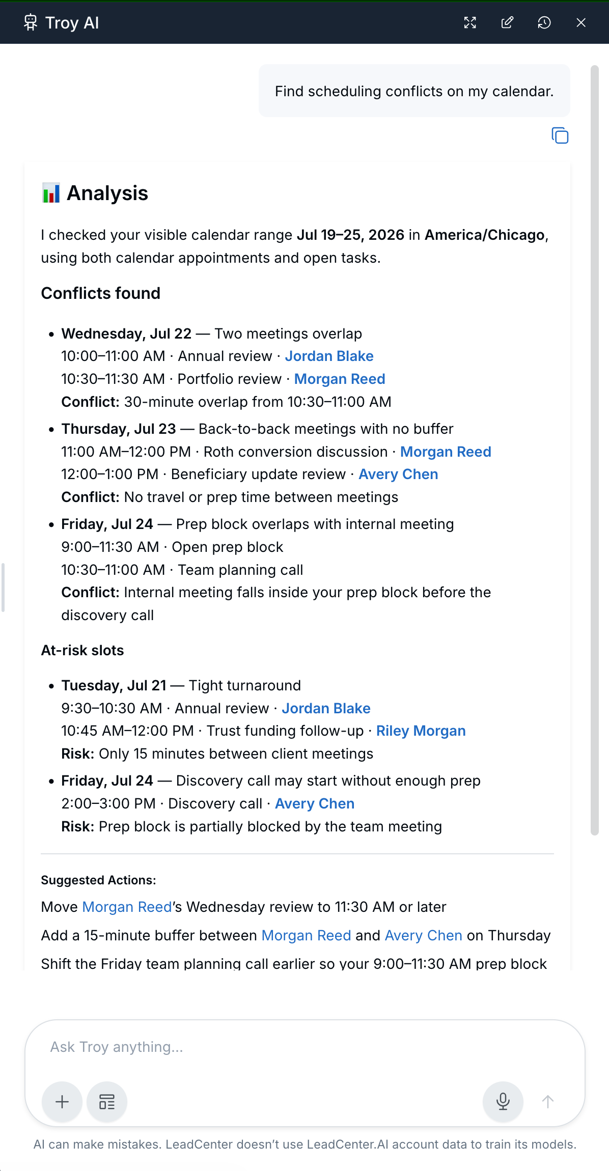 Troy AI summarizing schedule patterns from the Calendars page