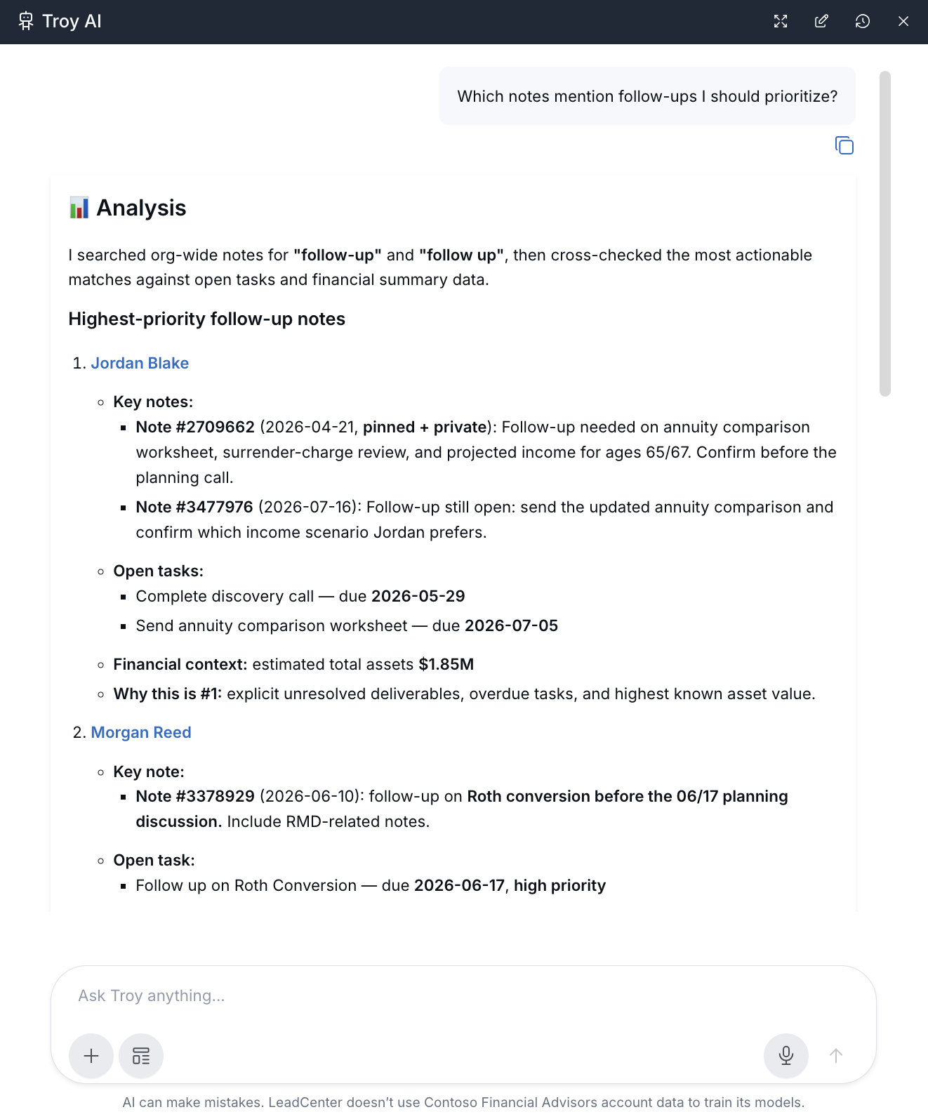 Troy AI showing prioritized follow-up notes from the Notes page