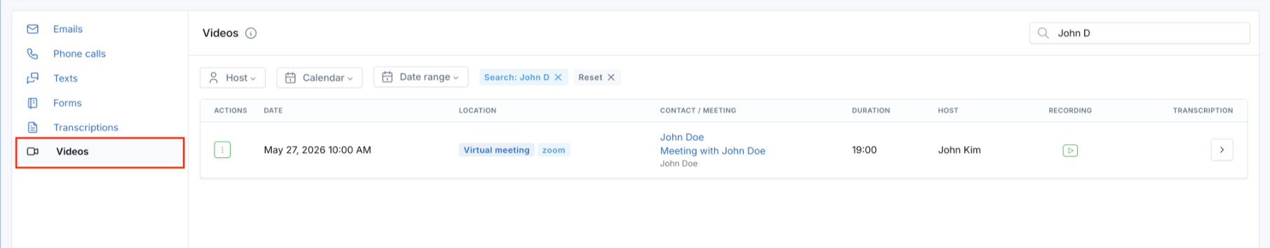 Videos list opened from the communication sidebar