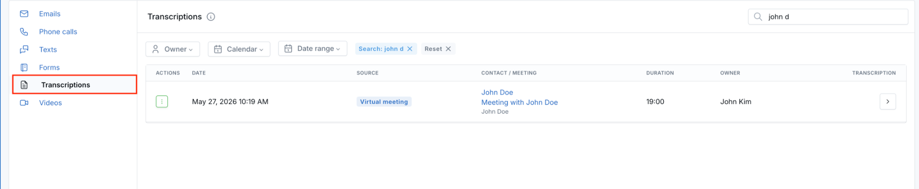 Transcriptions list opened from the communication sidebar
