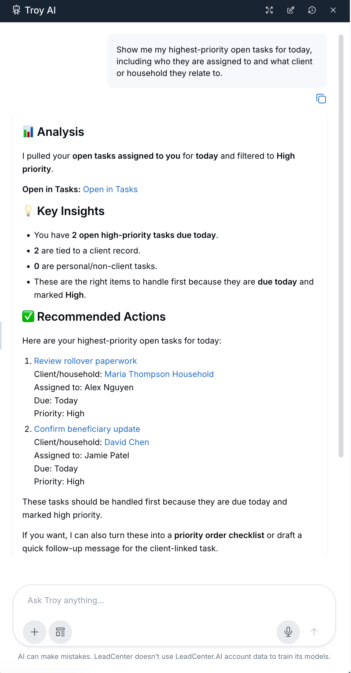 Troy AI showing high-priority open tasks for today with client and household details.