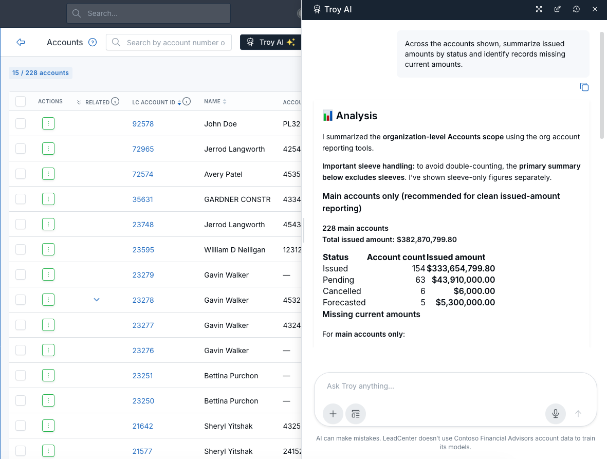 Using Troy AI to analyze the Accounts list