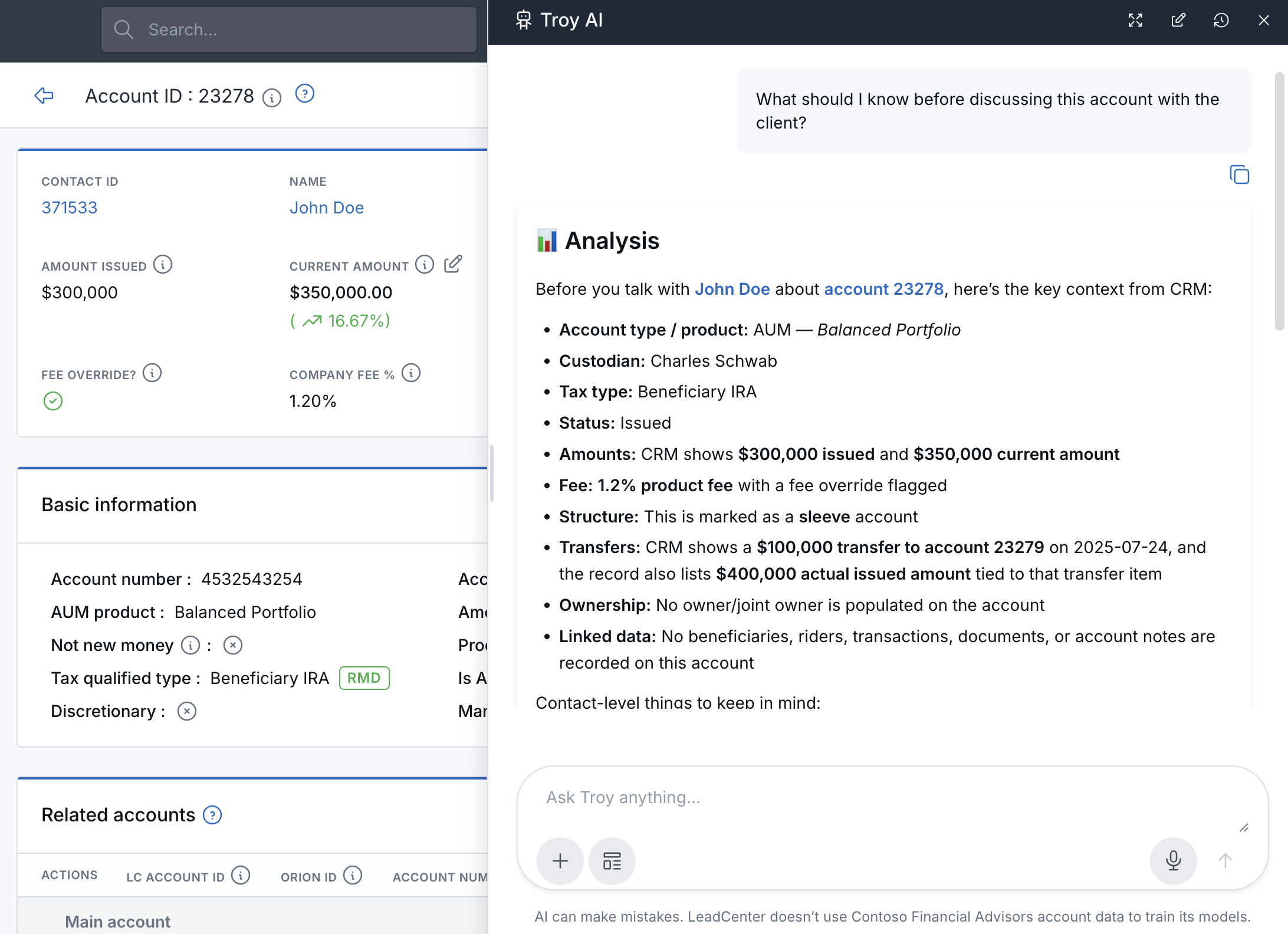Troy AI summarizing John Doe's account details and highlighting information to review before a client conversation