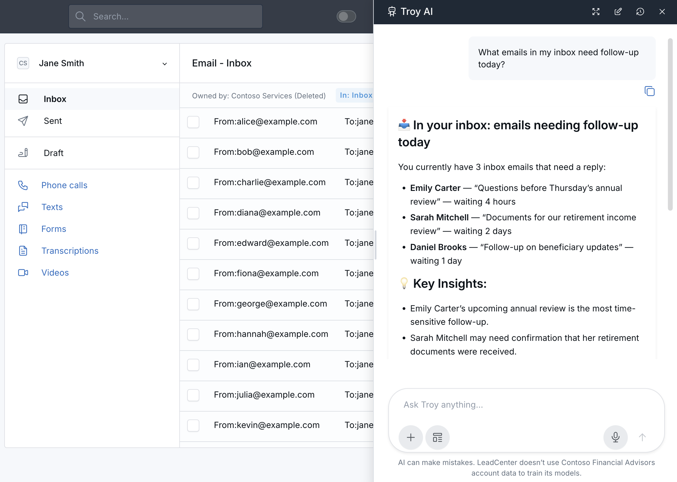 Troy AI reviewing an advisor's email inbox and identifying messages that may need follow-up