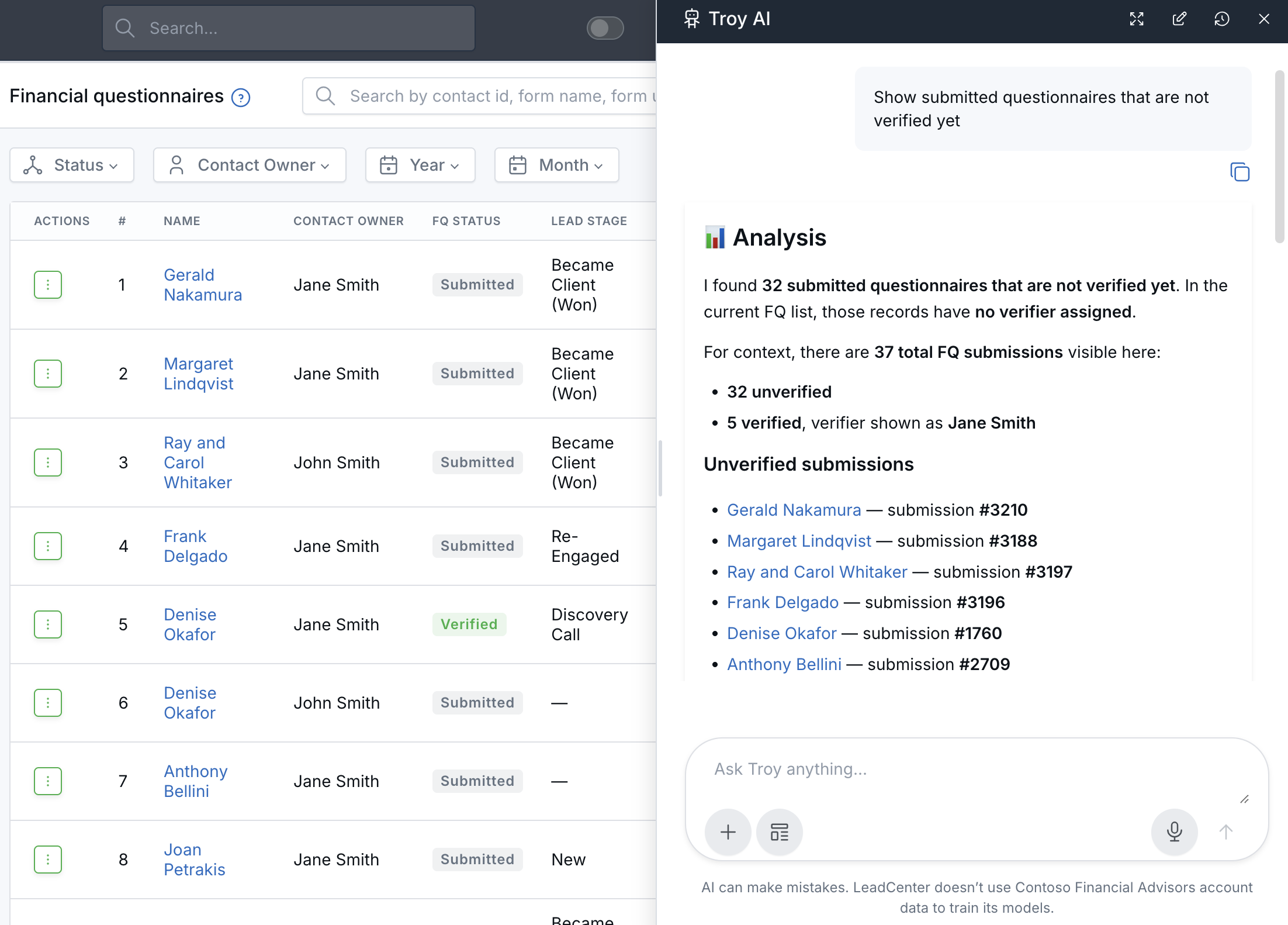 Troy AI identifying submitted Financial Questionnaires that have not been verified