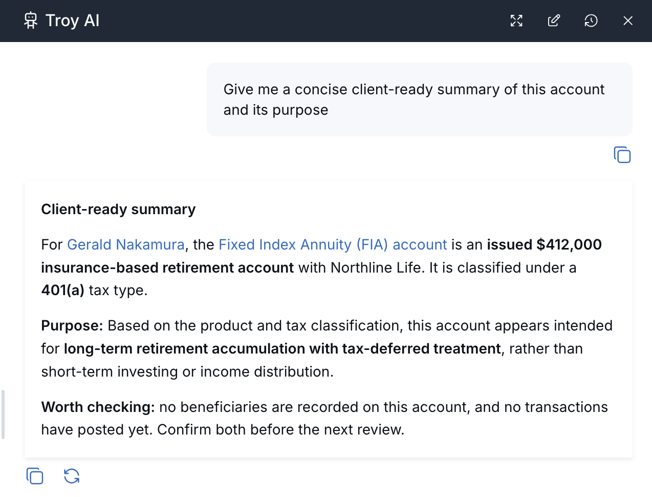 Troy AI panel showing a summary of the annuity account and open items to confirm.
