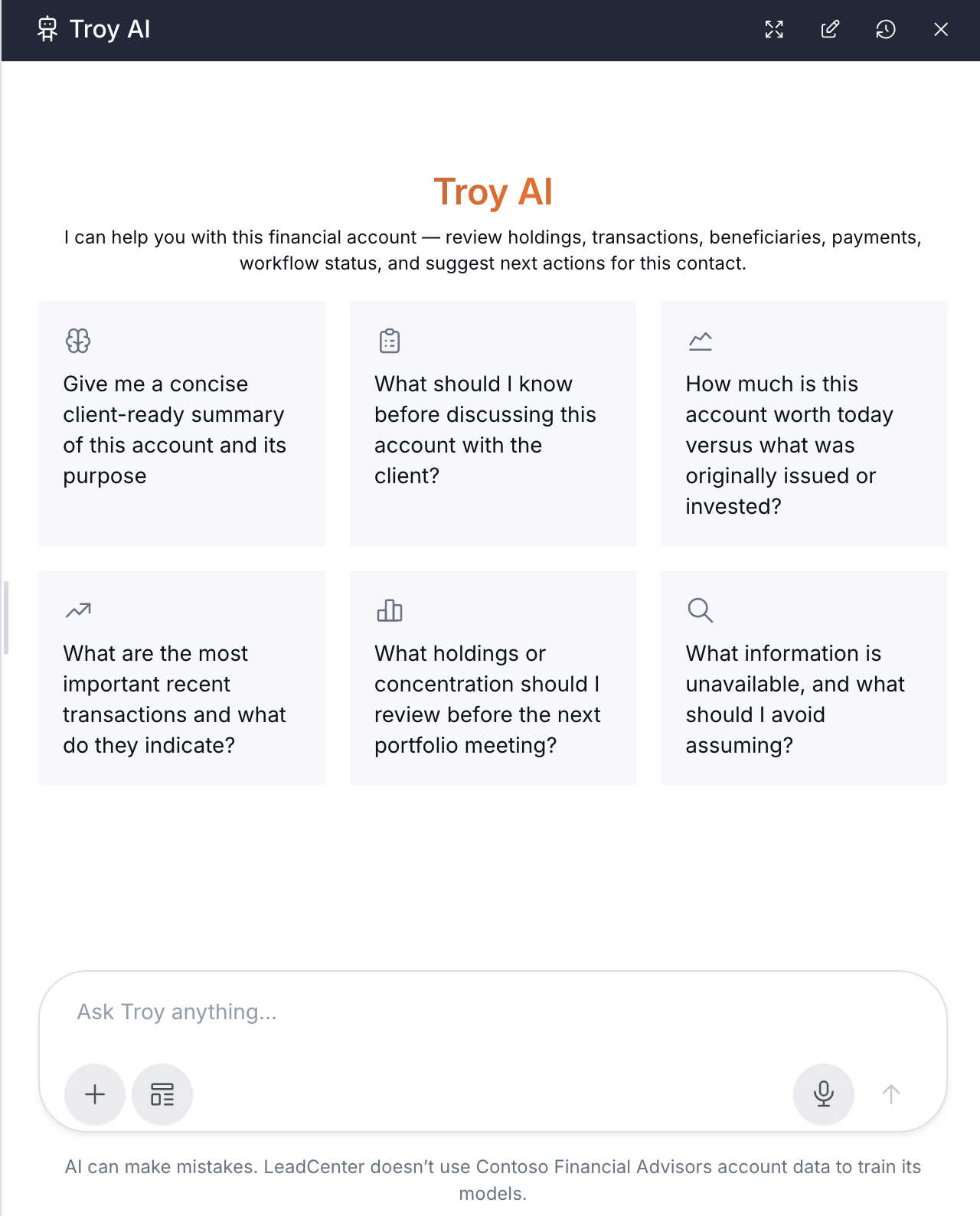 Troy AI panel showing six suggested prompts about the open financial account.