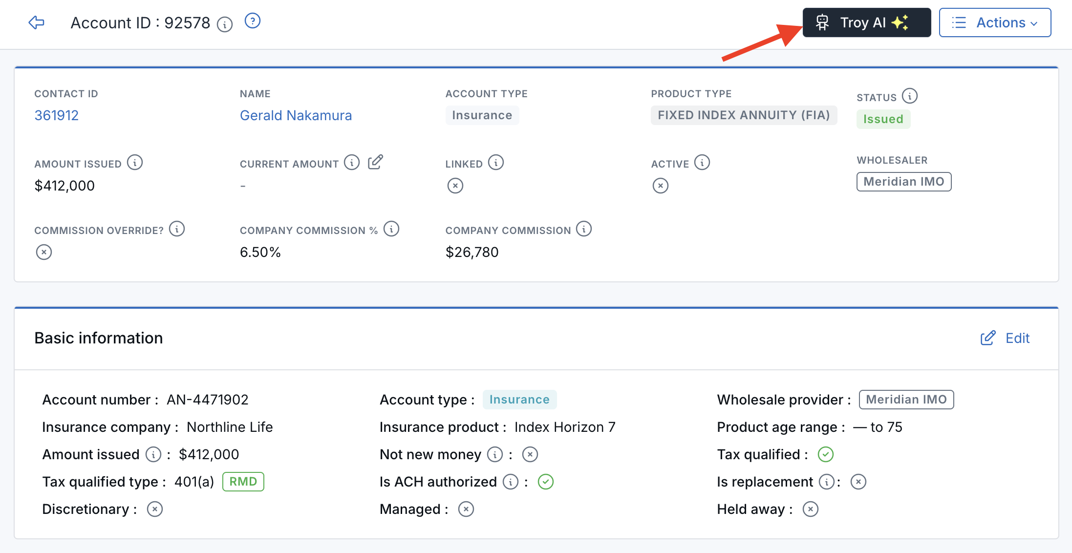 Financial account details page for an annuity, with the dark Troy AI button at the top right.