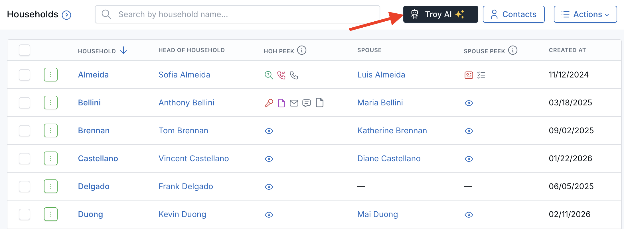 Households list showing household, head of household, spouse and created date columns, with the dark Troy AI button above the table.