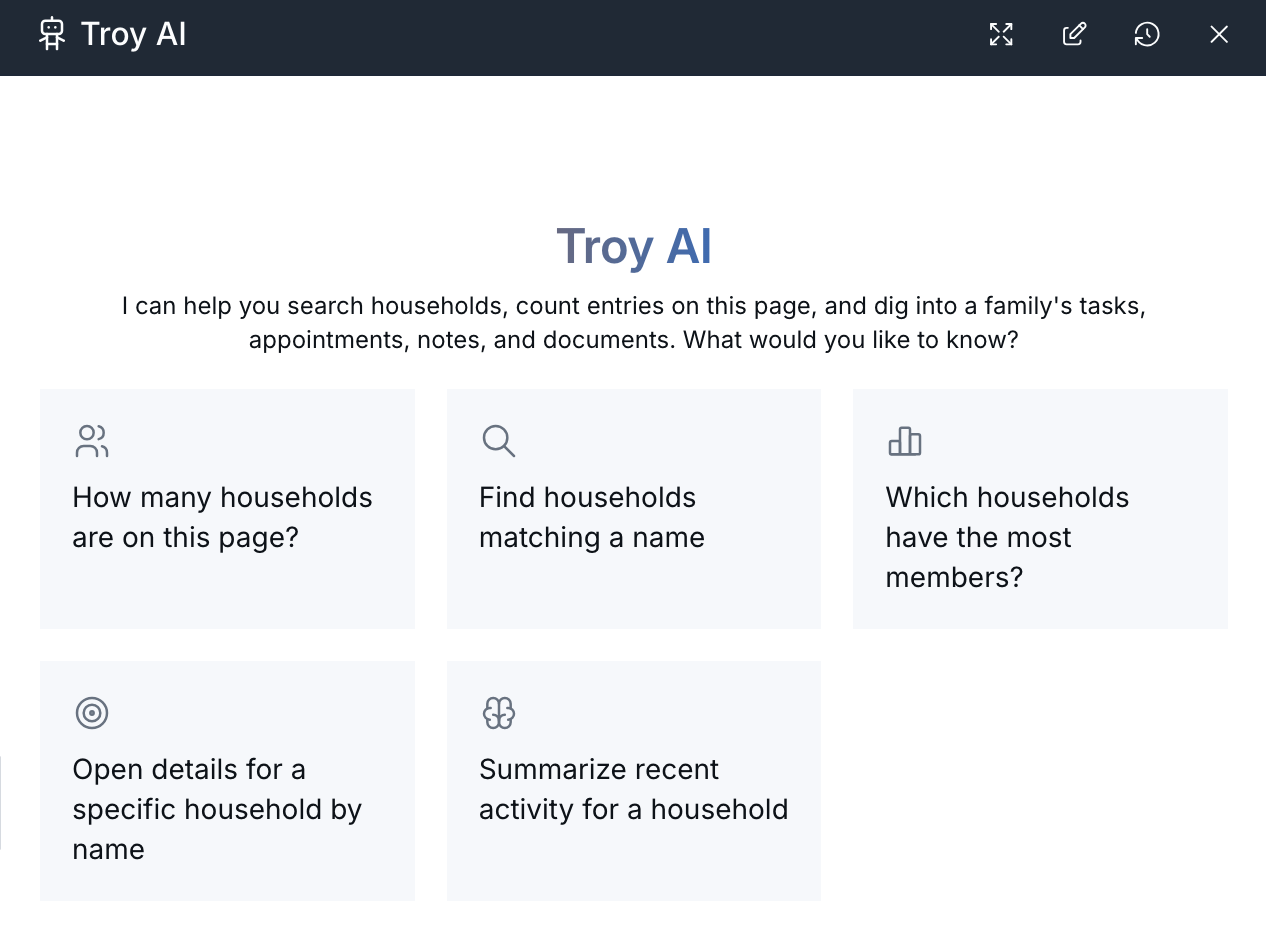 Troy AI panel showing five suggested questions about households.