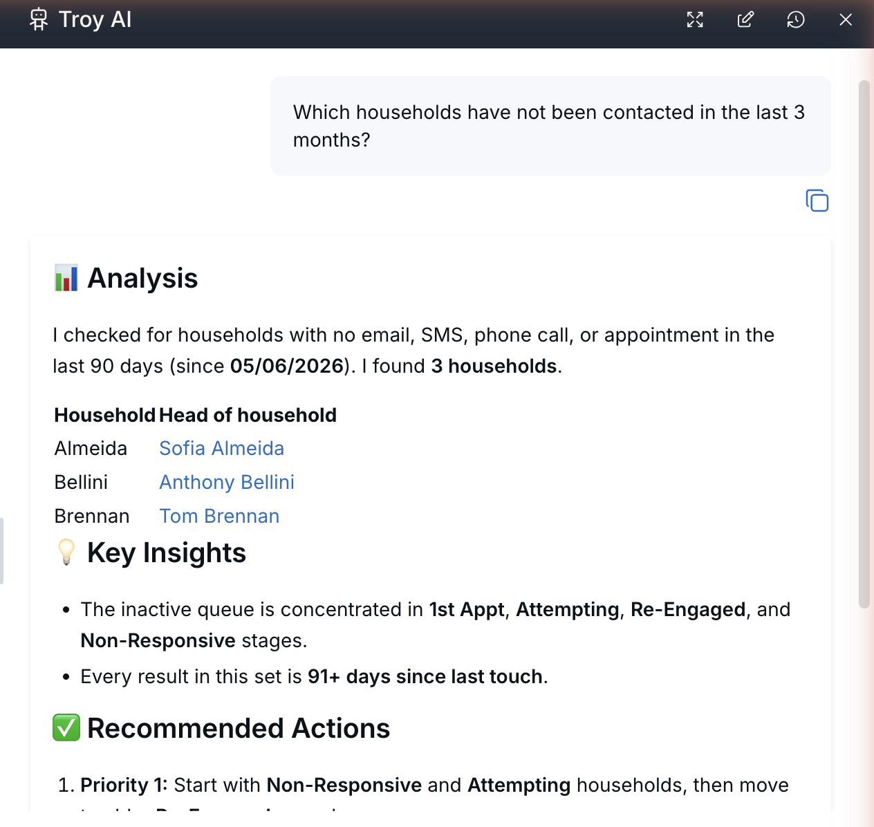 Troy AI answer listing households with no recent contact, followed by key insights and recommended actions.