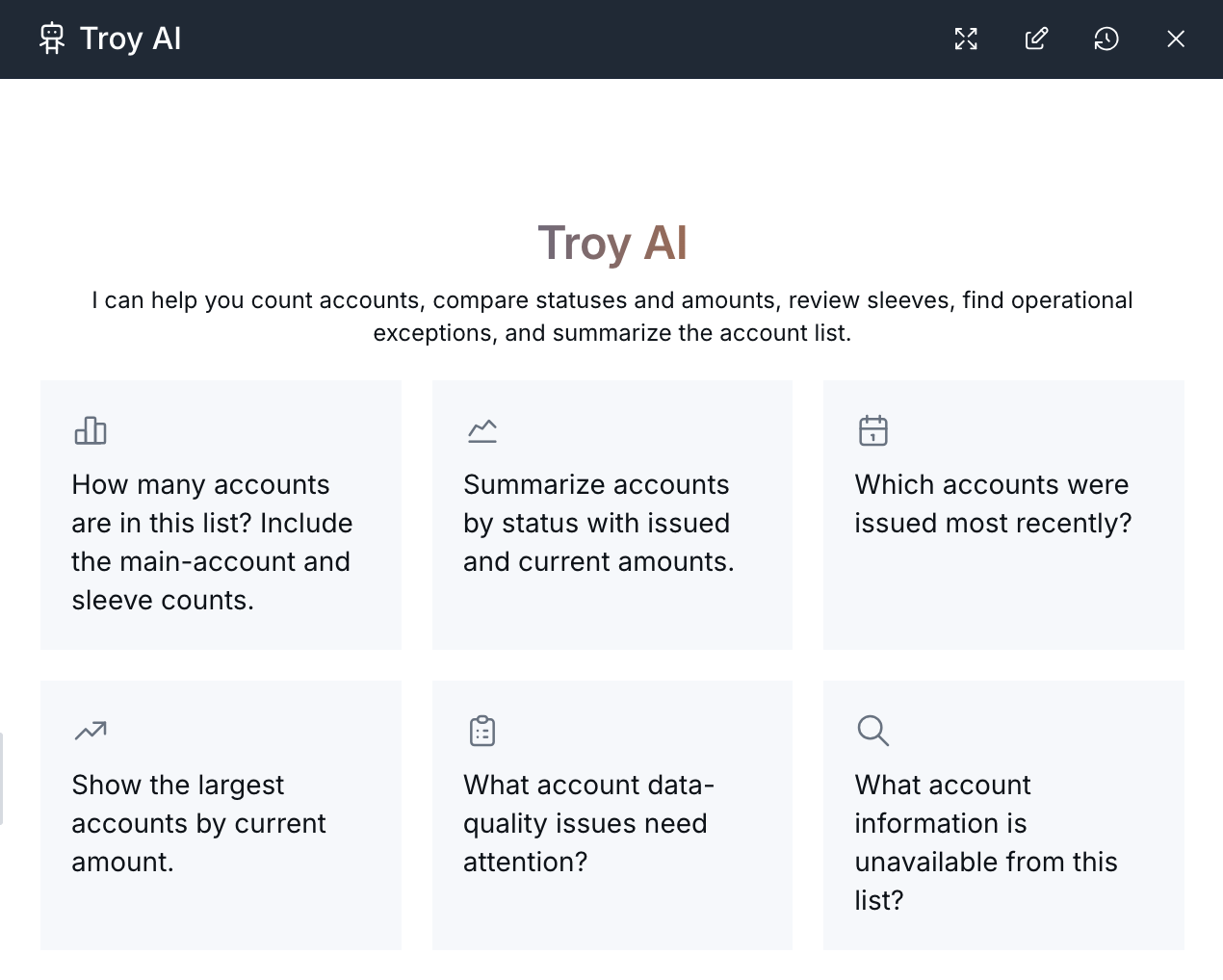 Troy AI panel showing six suggested questions about the accounts list