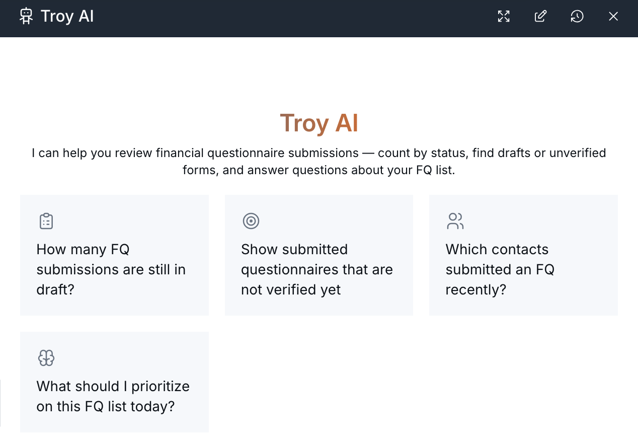 Troy AI panel showing four suggested questions about financial questionnaire submissions