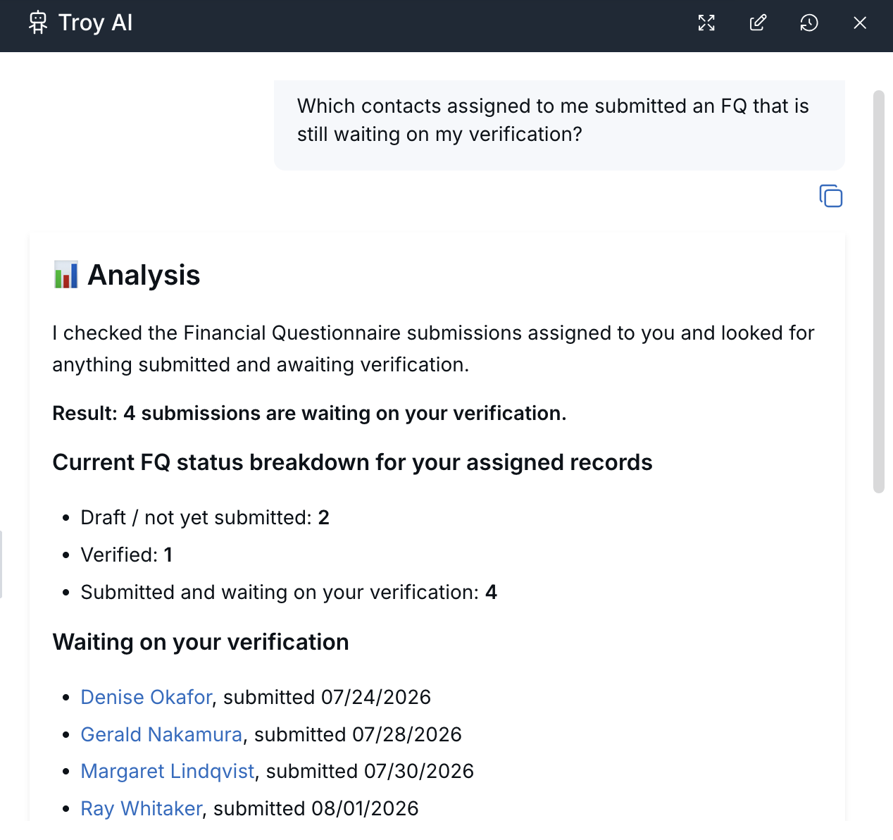 Troy AI answer showing a status breakdown and four contacts whose questionnaires are waiting on verification
